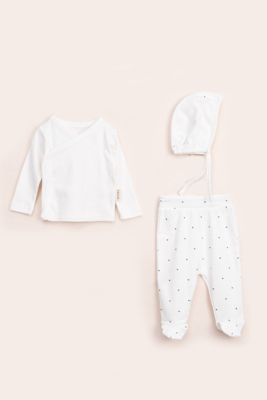 Ensemble naissance 2 pièces et bonnet en coton - Petit cœur