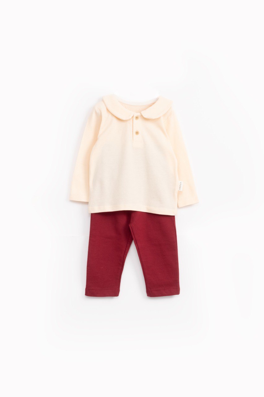 Ensemble 2 pièces pull col claudine en coton - Beige et rouge
