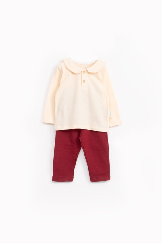 Ensemble 2 pièces pull col claudine en coton - Beige et rouge