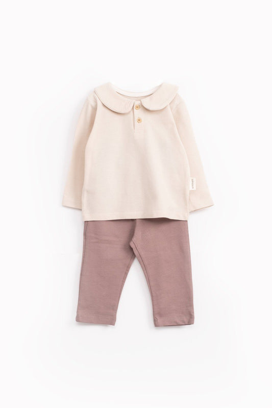 Ensemble 2 pièces pull col claudine en coton - Écru et anthracite