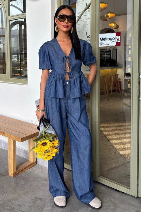Ensemble pantalon et blouse manche courte
